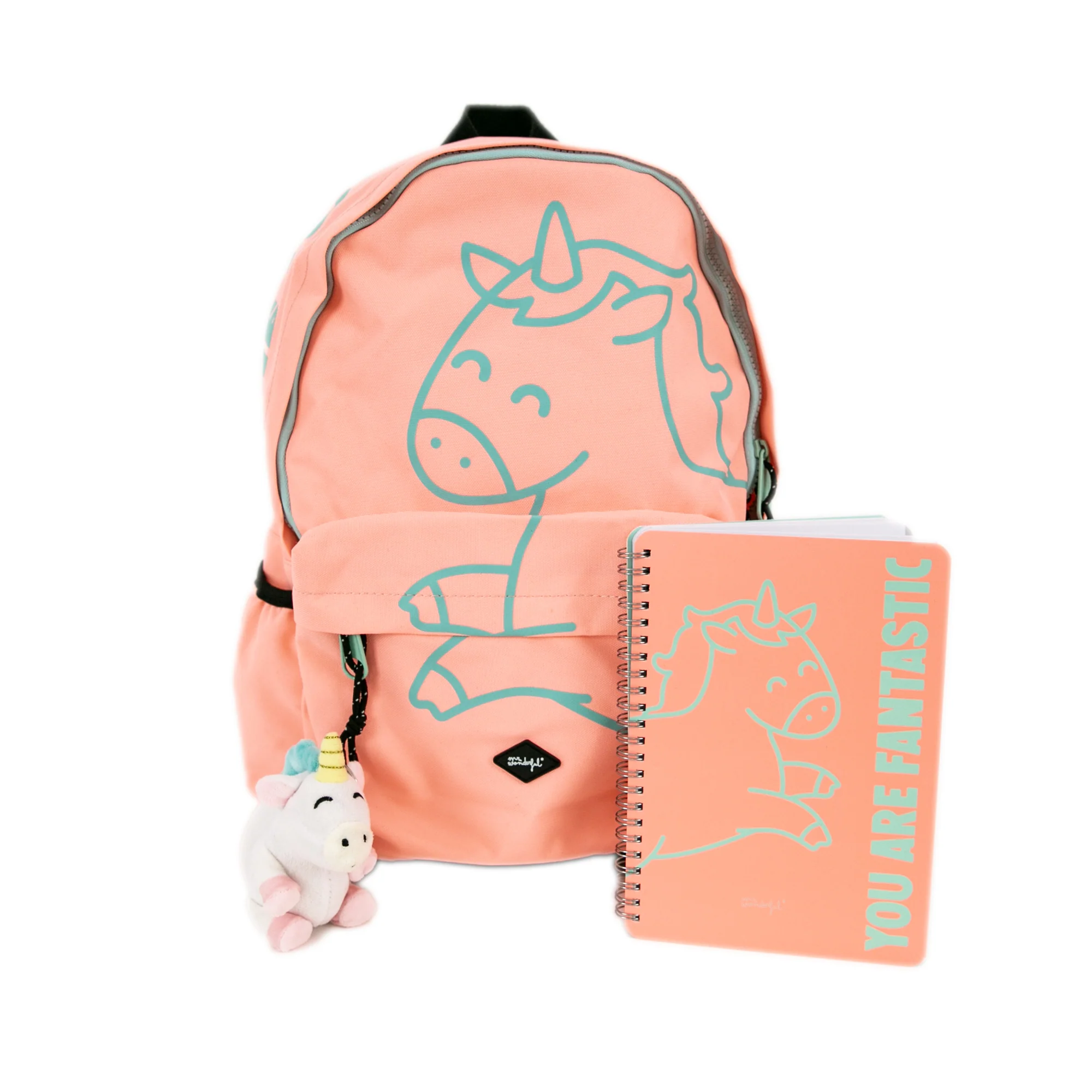 Kit de libreta A5 + llavero de peluche - Unicornio rosa y mint