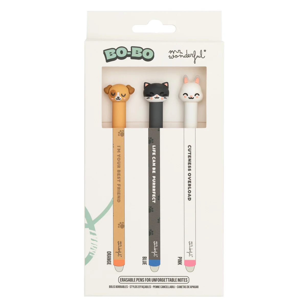 Set de 3 bolis borrables Bo-Bo para notas inolvidables - Perro, gato y conejo