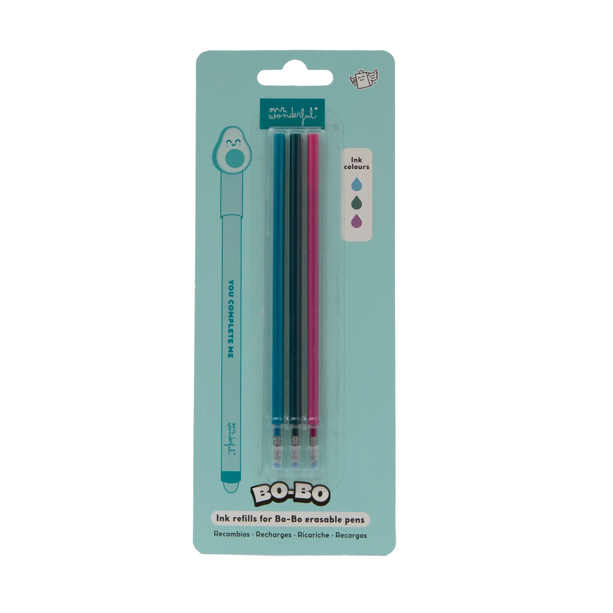 Set de 3 recambios de tinta para bolis borrables Bo-Bo - Celeste, verde y morado