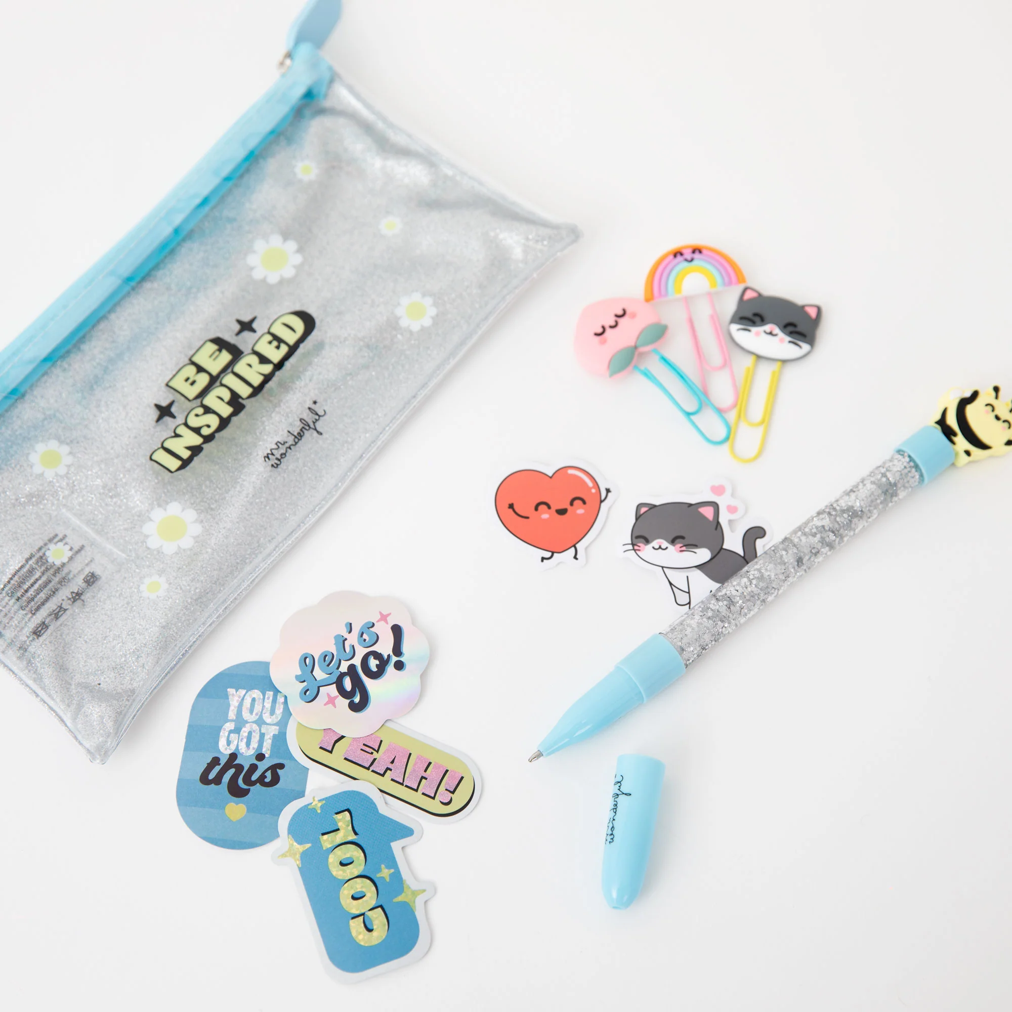 Set de estuche + boli + clips + pegatinas glitter - Be inspired - Image 3